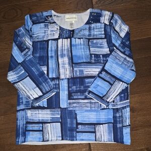 Alfred Dunner Blue Patterned Crew Neck Sweater